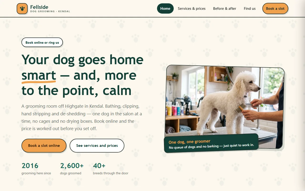 Example website — Fellside Dog Grooming (dog groomer)