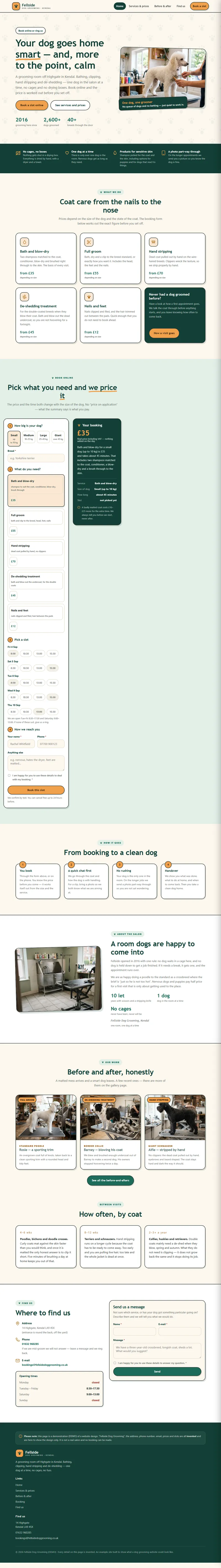 Example website — Fellside Dog Grooming (dog groomer); the page scrolls through when you hover over it