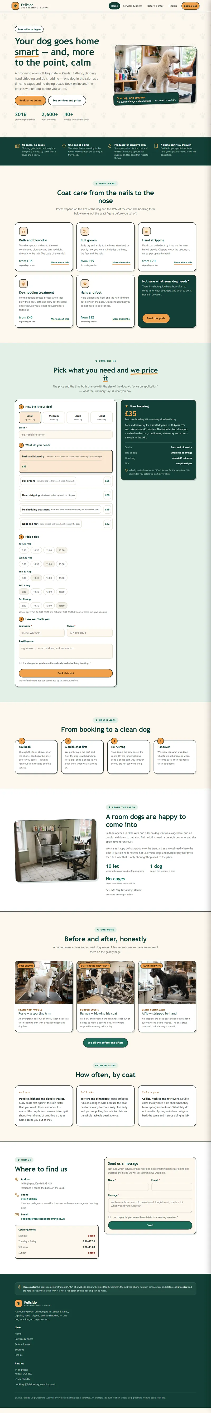 Example website — Fellside Dog Grooming (dog groomer); the page scrolls through when you hover over it