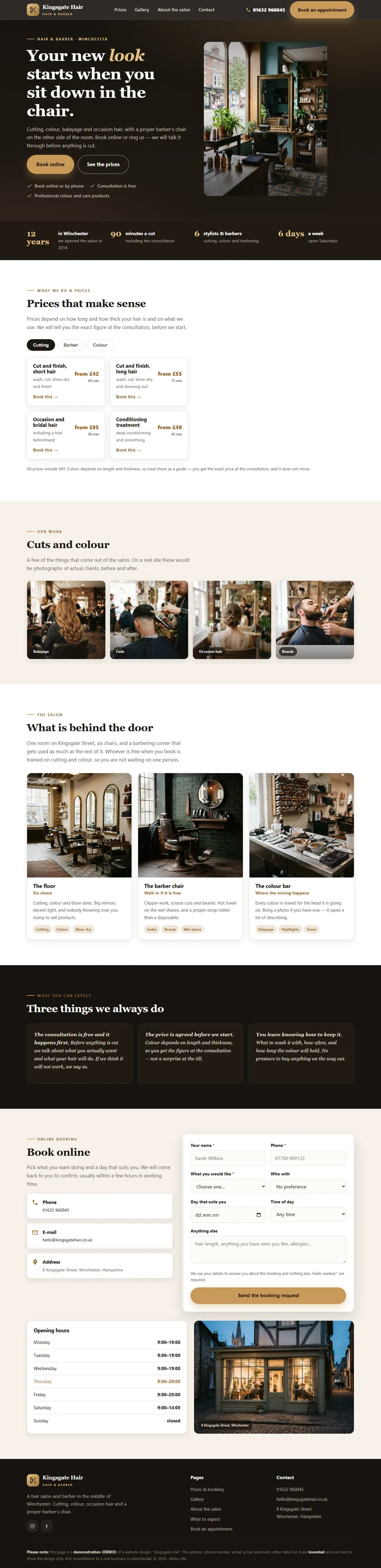 Example website — Kingsgate Hair (hair salon); the page scrolls through when you hover over it