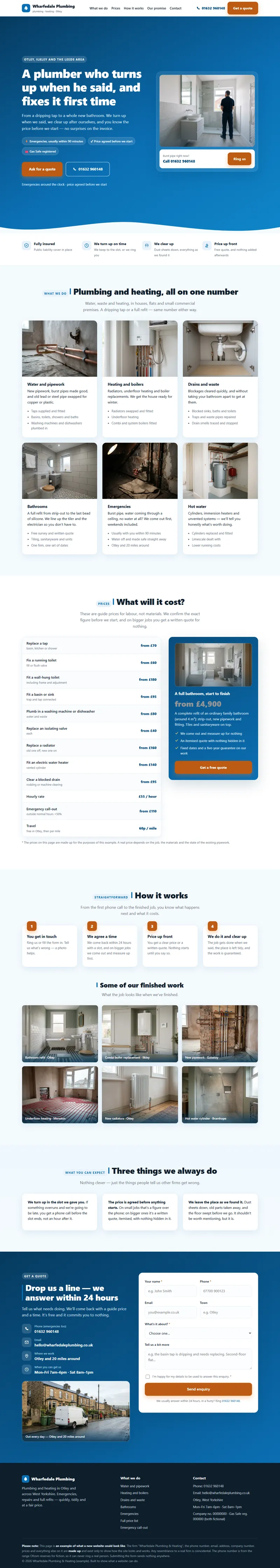 Example website — Wharfedale Plumbing & Heating (plumber); the page scrolls through when you hover over it